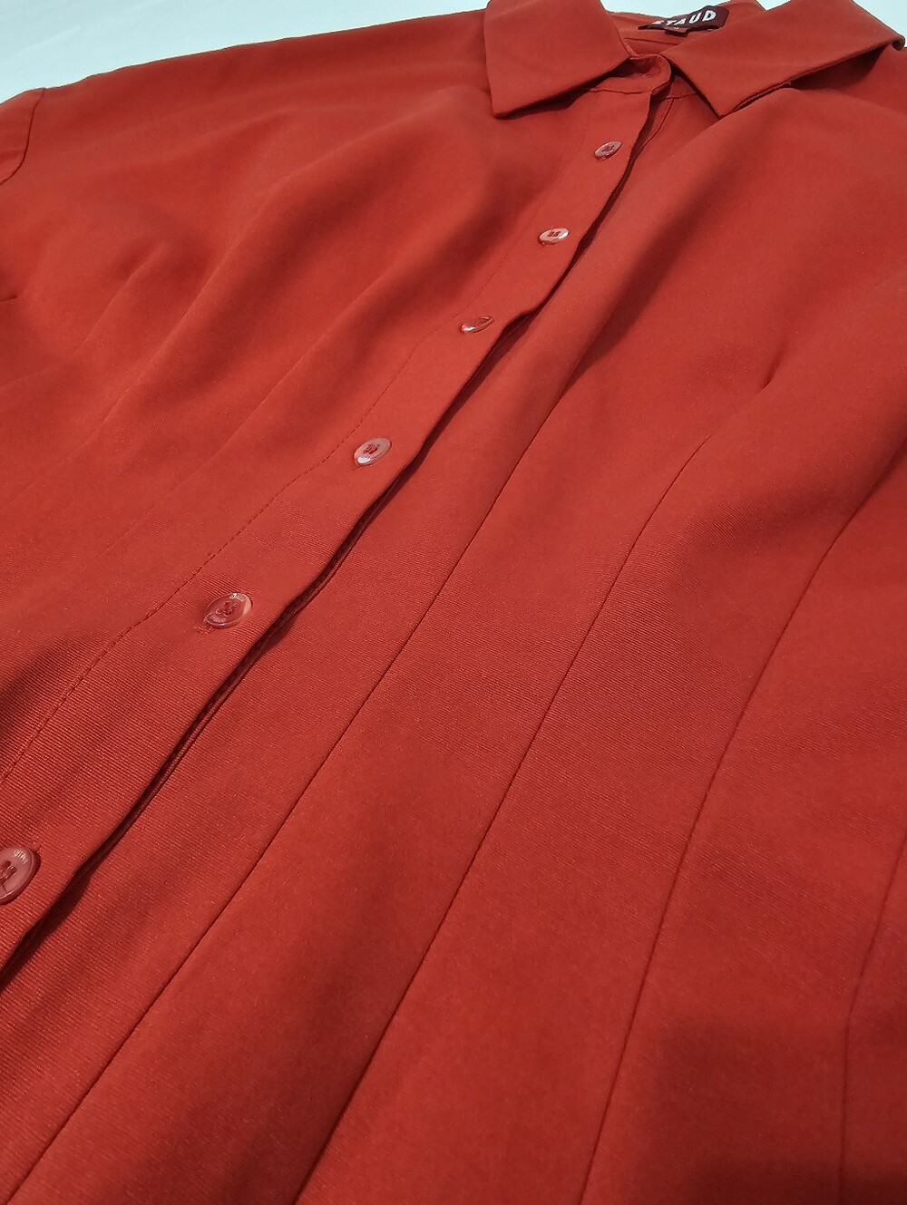 STAUD Red Structured Button Front Blouse Sz S Statement Collar Cinched Waist Top - Picture 7 of 9